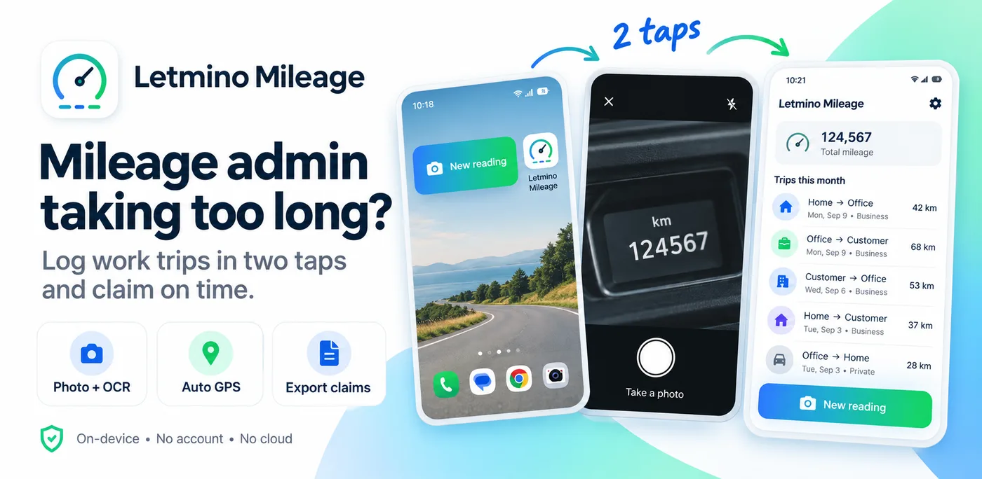 Letmino Mileage: the widget, a photo of the odometer and the monthly overview with trips